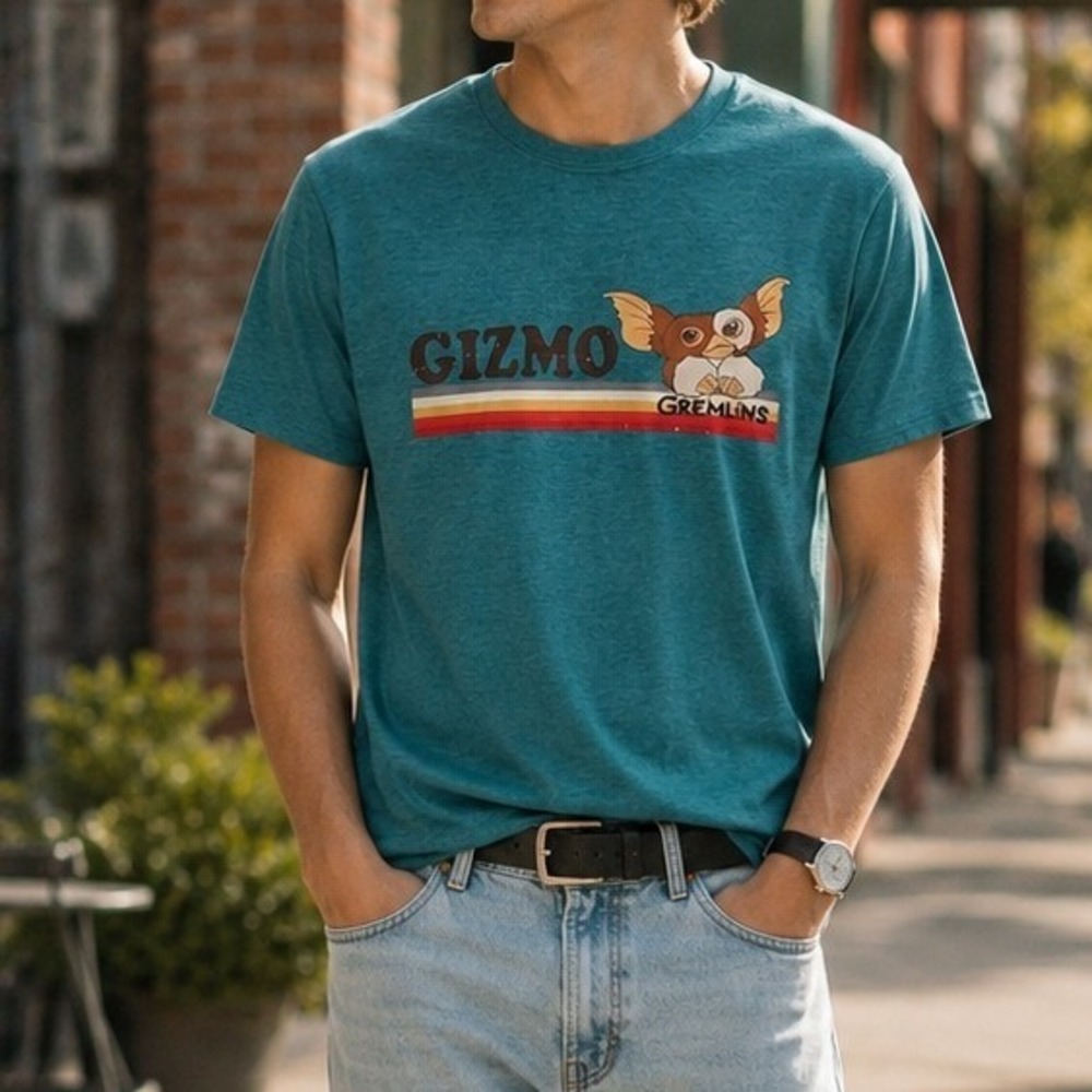 Gremlins Gizmo Graphic T-Shirt Teal Blue Heather Short Sleeve Mens XL 80s Movie